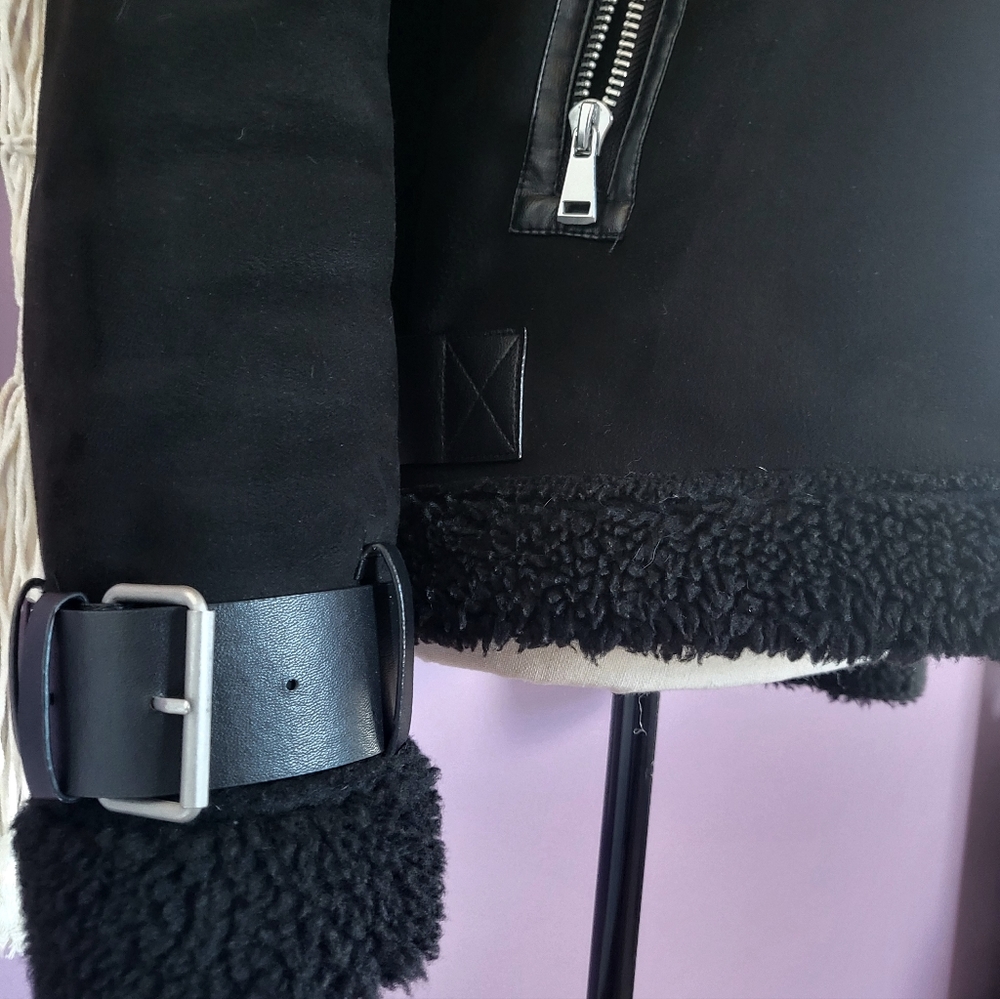 Zara Black Faux Suede Sherpa Lined Oversized Buckle Aviator Bomber Jacket Coat - Picture 9 of 14